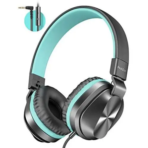 PeohZarr On-Ear Headphones with Microphone, Lightweight Folding Stereo Bass Headphones with 1.5M Tangle Free Cord, Portable Wired Headphones for Smartphone Tablet Laptop Computer MP3/4-Mint