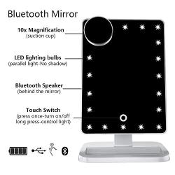 FENCHILIN Vanity Mirror with Lights Bluetooth Lighted Makeup Mirror Touch Screen Wireless Audio Speaker Dimmable Light Detachable 10X Magnification Rechargable Power (White)