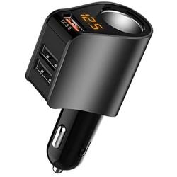 Car Charger Extension Cigarette Lighter Adapter,Socket Splitter with 3 USB and Voltage Meter,Compatible for iPhone 8/7/X/6S/XR,iPad,Samsung Galaxy S9/S8,iPad,GPS,Android Phone (BlackQC3.0)