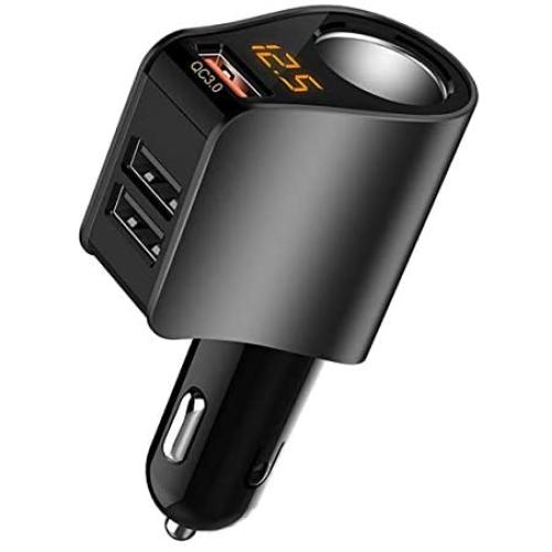Car Charger Extension Cigarette Lighter Adapter,Socket Splitter with 3 USB and Voltage Meter,Compatible for iPhone 8/7/X/6S/XR,iPad,Samsung Galaxy S9/S8,iPad,GPS,Android Phone (BlackQC3.0)