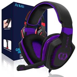 Anivia AH28 Gaming Headset Noise Isolating Over Ear Headphones with Mic, Volume Control, Bass Surround, Soft Memory Earmuffs for Xbox One PS4 PC Laptop Mac Phones Nintendo Switch Games-Black Purple