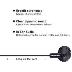 Panasonic ErgoFit In-Ear Earbud Headphones RP-HJE120-KA (Matte Black) Dynamic Crystal-Clear Sound, Ergonomic Comfort-Fit