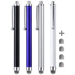 CCIVV Stylus, 4 Pcs 5.0 Inches Hybrid Mesh Fiber Tip Stylus Pens for Touch Screen, Compatible with iPad, iPhone, Kindle Fire + 4 Extra Replaceable Hybrid Fiber Tips (White, Black, Silver, Blue)