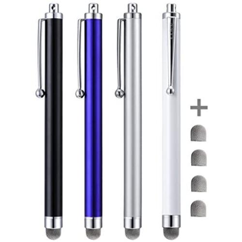 CCIVV Stylus, 4 Pcs 5.0 Inches Hybrid Mesh Fiber Tip Stylus Pens for Touch Screen, Compatible with iPad, iPhone, Kindle Fire + 4 Extra Replaceable Hybrid Fiber Tips (White, Black, Silver, Blue)