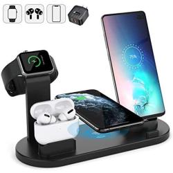 Wireless Charger Stand, 4 in 1 Multi-Function Wireless Charging Station Dock for Apple Watch Airpods, Qi Fast Wireless Charger Holder Pad for iPhone 11 Pro Max XS XR and Smartphone (Black)