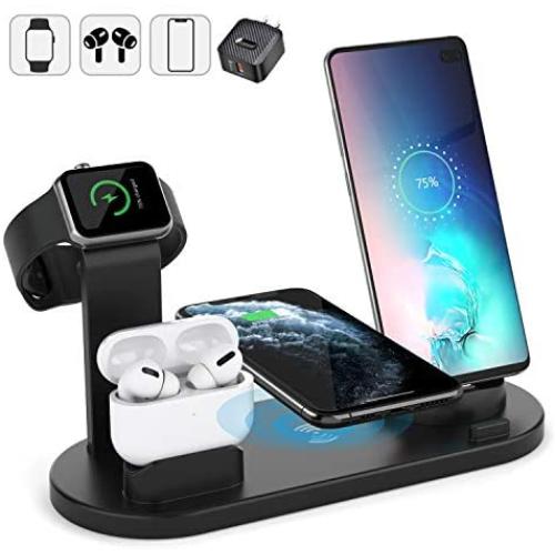 Wireless Charger Stand, 4 in 1 Multi-Function Wireless Charging Station Dock for Apple Watch Airpods, Qi Fast Wireless Charger Holder Pad for iPhone 11 Pro Max XS XR and Smartphone (Black)