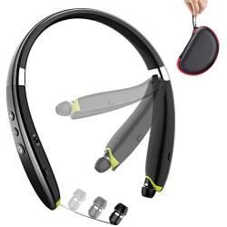 Bluetooth Headphones, BEARTWO Upgraded Foldable Wireless Neckband Headset with Retractable Earbuds, Noise Cancelling Stereo Earphones with Mic for Workout, Running, Driving (with Carry Case)