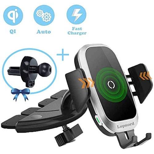 Wireless Car Charger CD Mount, Auto Clamping CD Player Phone Mount Air Vent Qi Charger Compatible with 11 Pro XS Max XR X 8, Galaxy S10 Plus S9 S8 S7 S6 Note 10 9 8