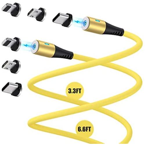 Melonboy Magnetic Charging Cable(2 Pack, 3.3ft/6.6ft), Soft & Tangle-Free Liquid Silicone Cable, 3 in 1 Magnetic Phone Charger Cable Compatible with Type-C, Micro USB and iProduct Devices - Yellow