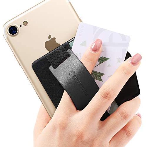 Sinjimoru Phone Grip Card Holder with Phone Stand, Secure Stick on Wallet for iPhone with Leather Pop Out Stand for Table. Sinji Pouch B-Grip Black