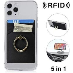 New 5-in-1 Cell Phone Wallet-Stick On Spandex Ring Card Holder Sleeve Back-Double-Pocket+Magnetic+Finger Grip Strap Loop+Kickstand+RFID Block ,Most of Smartphones (iPhone/Android/Samsung Galaxy)