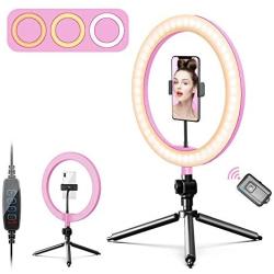 10” LED Ring Light with Tripod Stand and Phone Holder for Makeup/Live Streaming/YouTube Videos/Photography, Dimmable Desk Selfie Ring Light with Wireless Remote for iPhone and Android, Pink