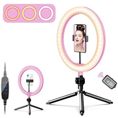 10” LED Ring Light with Tripod Stand and Phone Holder for Makeup/Live Streaming/YouTube Videos/Photography, Dimmable Desk Selfie Ring Light with Wireless Remote for iPhone and Android, Pink