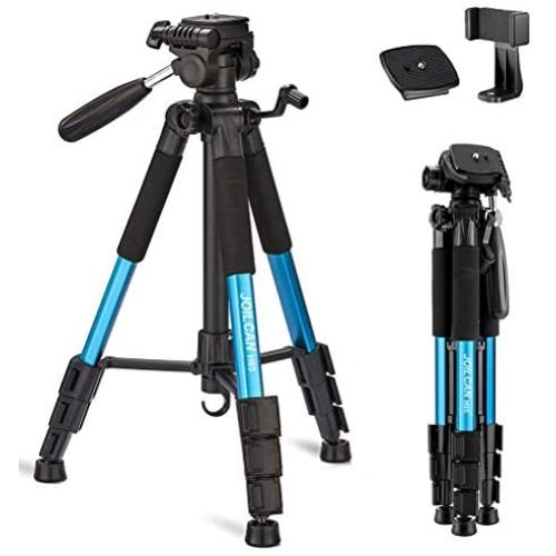 Joilcan 66-inch Lightweight Camera/Phone Tripod, Aluminum Travel Portable SLR Tripod with Mobile Phone Mount and 2 Quick Release Plate-Blue