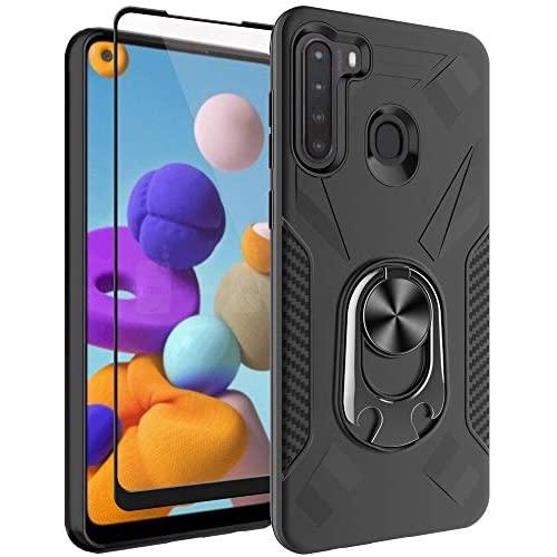 Oleaders for Galaxy A21 Case with Tempered Glass Screen Protector, Rotatable Metal Ring Holder Compatible with Magnetic Car Kickstand Case for Samsung Galaxy A21 - Black