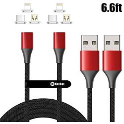 NetDot Magnetic Charging Cable,Gen10 3 in 1 Nylon Braided Fast Charging Magnetic Cable with LED Compatible Micro USB & USB-C Smartphones and i-Product (6.6ft/2 Pack red)