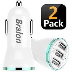 Bralon USB Car Charger[2-Pack], 18W/3.4A 3-Port Rapid Car Charger with Smart ID Compatible for iPhone Xs/Xs max/Xr/X/8/7/6/5,iPad Pro/Air/Mini,Galaxy S9/S8/S7/S6,Note 9/Note 8,LG, Nexus, HTC and More