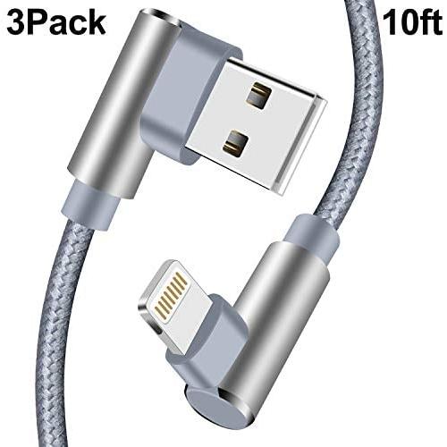 Right Angled iPhone Charging Cable 3 Pack Lightning Cable 10 FT Charge & Data Transfer Cord Compatible with/iPhone XS/Max/XR/X/8/7/6/iPod/iPad.(Grey,10ft)