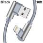 Right Angled iPhone Charging Cable 3 Pack Lightning Cable 10 FT Charge & Data Transfer Cord Compatible with/iPhone XS/Max/XR/X/8/7/6/iPod/iPad.(Grey,10ft)