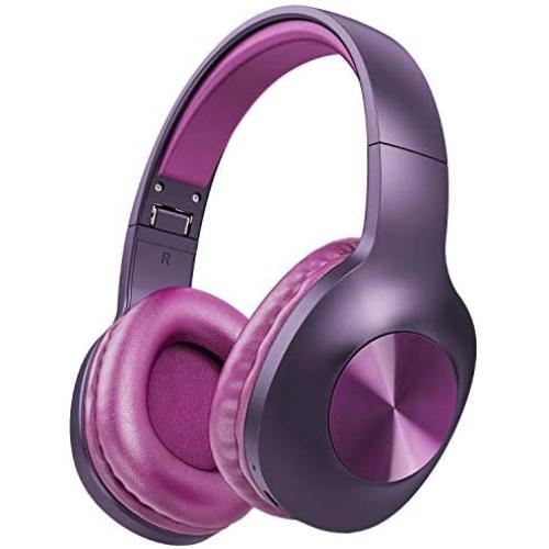 LETSCOM Bluetooth Headphones, 100 Hours Playtime Bluetooth 5.0 Headphones Over Ear with Deep Bass, Hi-Fi Sound and Soft Earpads, Built-in Mic, Wired/Wireless Headset for Home Office-Red Purple