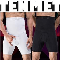 TENMET Mens Double-Layer Belt Anti-Curling High Waist Body Sculpting Pants Abdomen Shaping Shorts