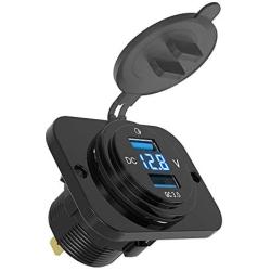 MICTUNING Dual USB Charger Socket 2.1A & 2.1A Power Outlet with Digital Voltmeter Blue LED Light 12-24V for Car Boat Marine Mobile