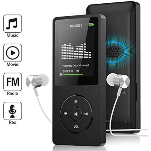 Mp3 Player with FM Radio and Voice Recorder, Ultra Slim Music Player with Video Play Text Reading and Build-in Speaker Support up to 128GB, Music Earphone Included (Black)