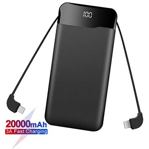 Portable Charger Power Bank 20000mAh Built in Cables Fast Charging 3A Battery Charger with Tri-Input and Four-Output,LCD Display External Battery for Smart Phone, Android, Tablet and More(Black)