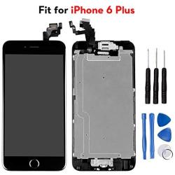 Ayake for iPhone 6 Plus Digitizer Screen Replacement Black 5.5 Full LCD Display Assembly with Home Button, Front Facing Camera, Earpiece Speaker Pre Assembled and Repair Tool Kits