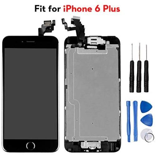 Ayake for iPhone 6 Plus Digitizer Screen Replacement Black 5.5 Full LCD Display Assembly with Home Button, Front Facing Camera, Earpiece Speaker Pre Assembled and Repair Tool Kits