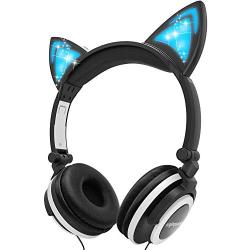 Isightguard Kids Headphones, Wired Headphones On Ear, Cat Ear Headphones with LED for Girls, 3.5mm Audio Jack for Cell Phone (Black)