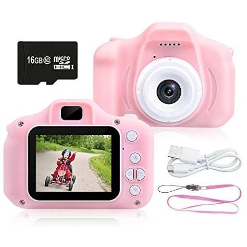 JERICETOY Kids Camera 1080P HD Digital Video Camera Best for Kids, Mini Children Camera Toys Funny Photo Frames Classic Puzzle Games，Safety Material Cartoon Camera Include 16G Memory Card(Pink)