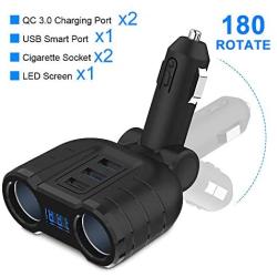 Quick Charge 3.0 Car Charger Splitter Adapter, Rocketek 2 Sockets Cigarette Lighter Splitter 120W 12V/24V DC Outlet with LED Voltage Display Three USB Port for Smartphone Tablet GPS Dash Cam Tomtom