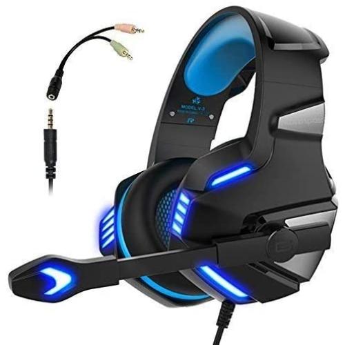 Gaming Headset for PS4 Xbox One, Gaming Headphones with Mic Stereo Surround Noise Reduction LED Lights Volume Control for Laptop, PC, Tablet, Smartphones - Blue