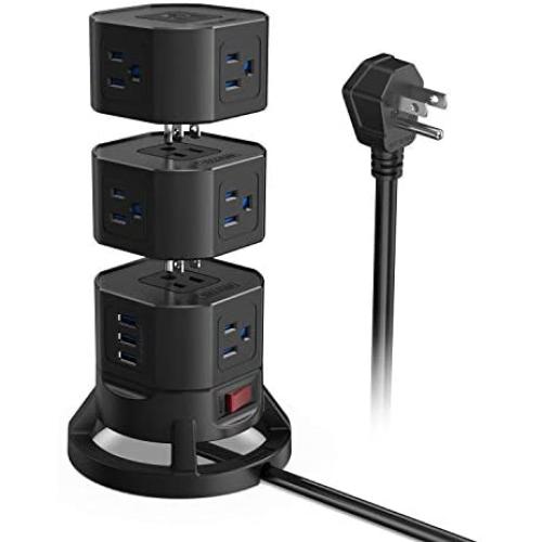 BESTEK 12 Outlets Power Strip Tower with 3 USB Ports Stackable Design Extend to 14 AC Outlets for PC Laptop Mobiles,6 Feet Extension Cord,Black