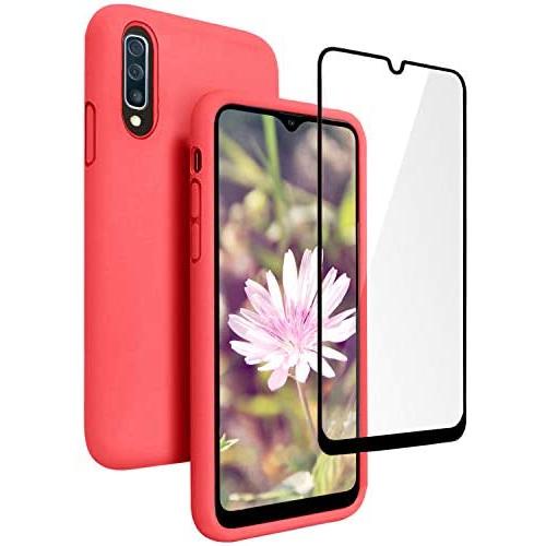 Vinve Samsung Galaxy A50 Case with Tempered Glass Screen Protector [2 Pack], Liquid Silicone Slim Fit Drop Protection Case for Galaxy A50 (Red)