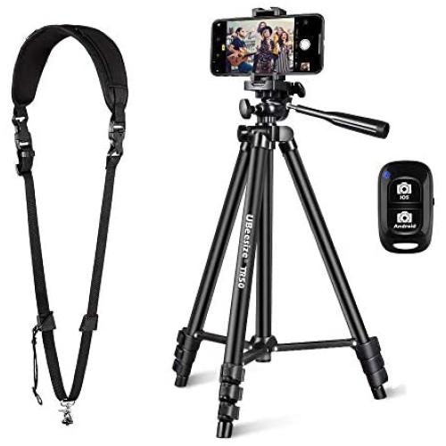 UBeesize Bundle 51" Adjustable Travel Video Phone Tripod Stand & Camera Neck Shoulder Sling Strap, Compatible with Smartphone & Camera.