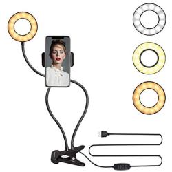 Fimghsoo Selfie Ring Light with Cell Phone Holder for Live Stream/Makeup/Video Chat, LED Camera Beauty Light with Flexible Arms[3-Light Mode][10-Level Brightness], Compatible iPhone Android Phone