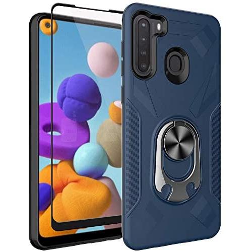 Oleaders for Galaxy A21 Case with Tempered Glass Screen Protector, Rotatable Metal Ring Holder Compatible with Magnetic Car Kickstand Case for Samsung Galaxy A21 - Blue