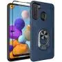 Oleaders for Galaxy A21 Case with Tempered Glass Screen Protector, Rotatable Metal Ring Holder Compatible with Magnetic Car Kickstand Case for Samsung Galaxy A21 - Blue