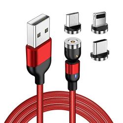 [540°Rotation] Magnetic Phone Charger Cable(3-Pack), 3 in 1 Magnetic Charging Cable, Compatible with Mirco USB, Type C Smartphone and iProduct Device (Red