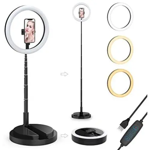 12 Inch Selfie Ring Light with Stand and Phone Holder, Foldable Makeup Light 20.8&quot - 67” Stretchable,3 Color Modes, USB Powered LED Selfie Light Ring for iPhone and Android,TIK Tok Light Mobile Stand.