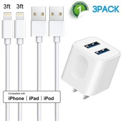 iPhone Charger, 2 Port USB Plug Wall Charger Travel Adapter with MFi Certified 2Pack 3FT Lightning Cable Compatible with iPhone 11 Pro Max/11 Pro/11/Xs Max/Xs/XR/X/8/7/6/SE, iPad and More