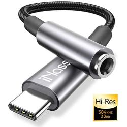 USB C to 3.5mm Headphone Jack Adapter, iNassen Type C to Aux Audio Dongle Cable Cord 384khz-32bit Hi-Res DAC for Pixel 4 3 2 XL, Samsung Galaxy S20 Ultra Z Flip S20+ Note 10 Note 10+, iPad Pro(Grey)