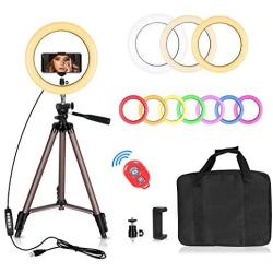 Emart 10-inch 10 Colors & 10 Brightness Levels RGB Selfie Ring Light with Adjustable Tripod Stand & Cell Phone Holder, Dimmable LED O Ring Light for Live Stream, YouTube Video, Makeup