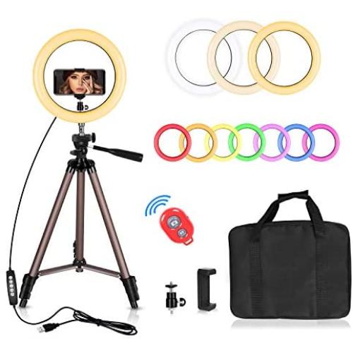 Emart 10-inch 10 Colors & 10 Brightness Levels RGB Selfie Ring Light with Adjustable Tripod Stand & Cell Phone Holder, Dimmable LED O Ring Light for Live Stream, YouTube Video, Makeup