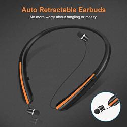 Bluetooth 5.0 Headphones, Retractable Earbuds Wireless Headset Noise Canceling Stereo Neckband Sports Earphones with Mic for iPhone/Samsung/Android by LINYY [2020 Upgraded, 20h Playtime] (Orange)