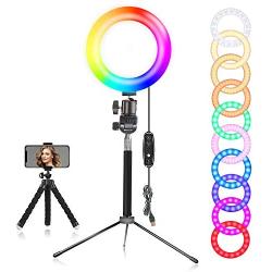 EEIEER Ring light, 6 RGB Ring Light with adjustable Tripod Stand, Mini LED Dimmable Selfie Ring Light with Cell Phone Holder Desktop LED Lamp with USB for Makeup, Youtube, Video (RGB, 6 INCH)