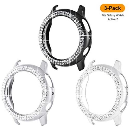 Surace Galaxy Watch Active 2 Case 40mm, Bling Frame Protective Case Compatible for Samsung Galaxy Watch Active 2 (3 Packs, Black/Silver/Clear)-40mm