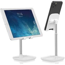 Cell Phone Stand, Angle Height Adjustable Phone Holder, Aluminum Desktop Charging Dock with Non-slip Base and Charging Port, Tablet Stand Holder Compatible with Mobile Phone/iPad/Kindle/Tablets, White